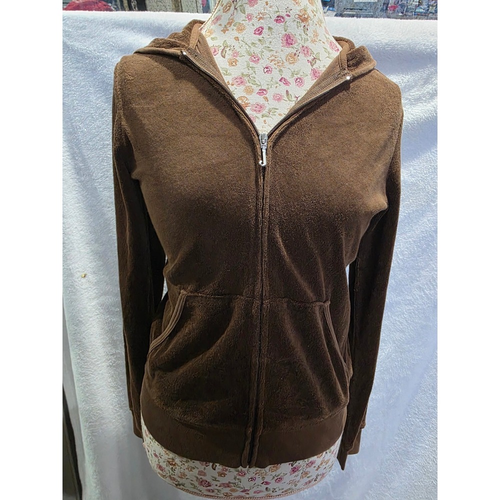 Juicy Couture Vintage Y2K Brown Terry Zip Up Hoodie Blue Diamond Graphic Large